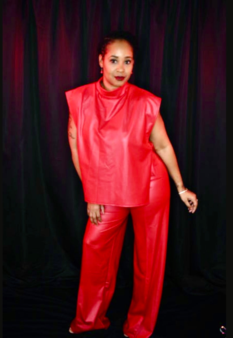 Red faux Leather 2 piece pants set
