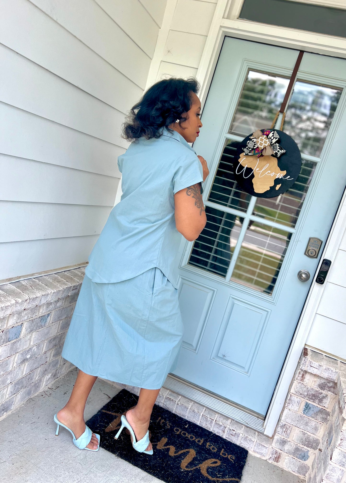Light blue one piece skirt and short sleeve top