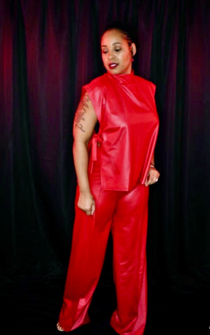 Red faux Leather 2 piece pants set