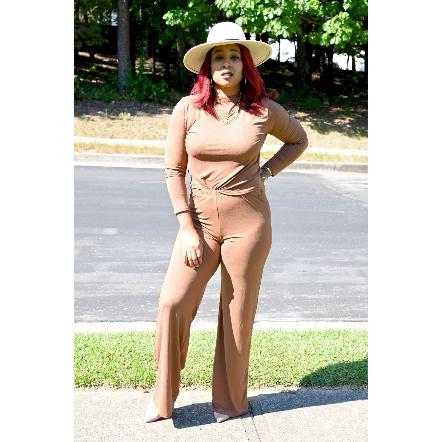 Mocha long sleeve top and pants set