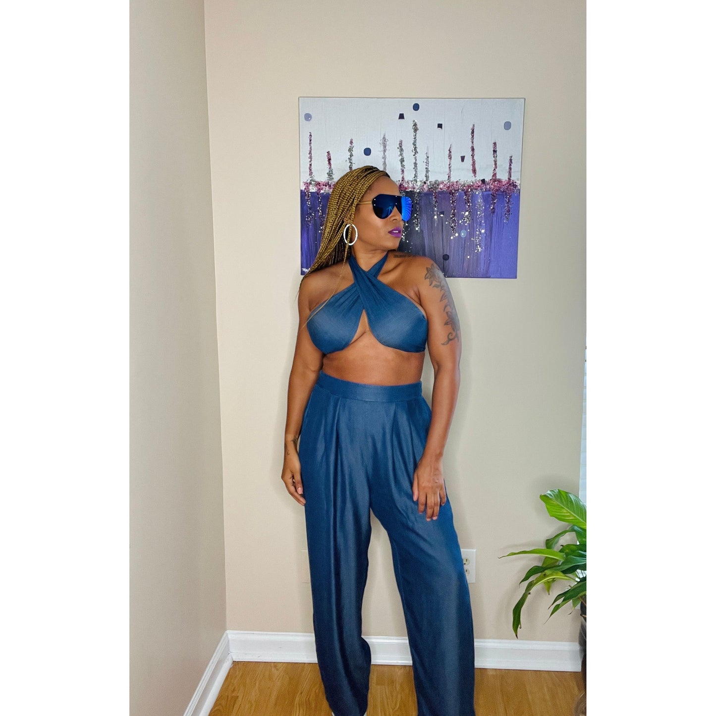 Denim Tube Pants Set In Blue