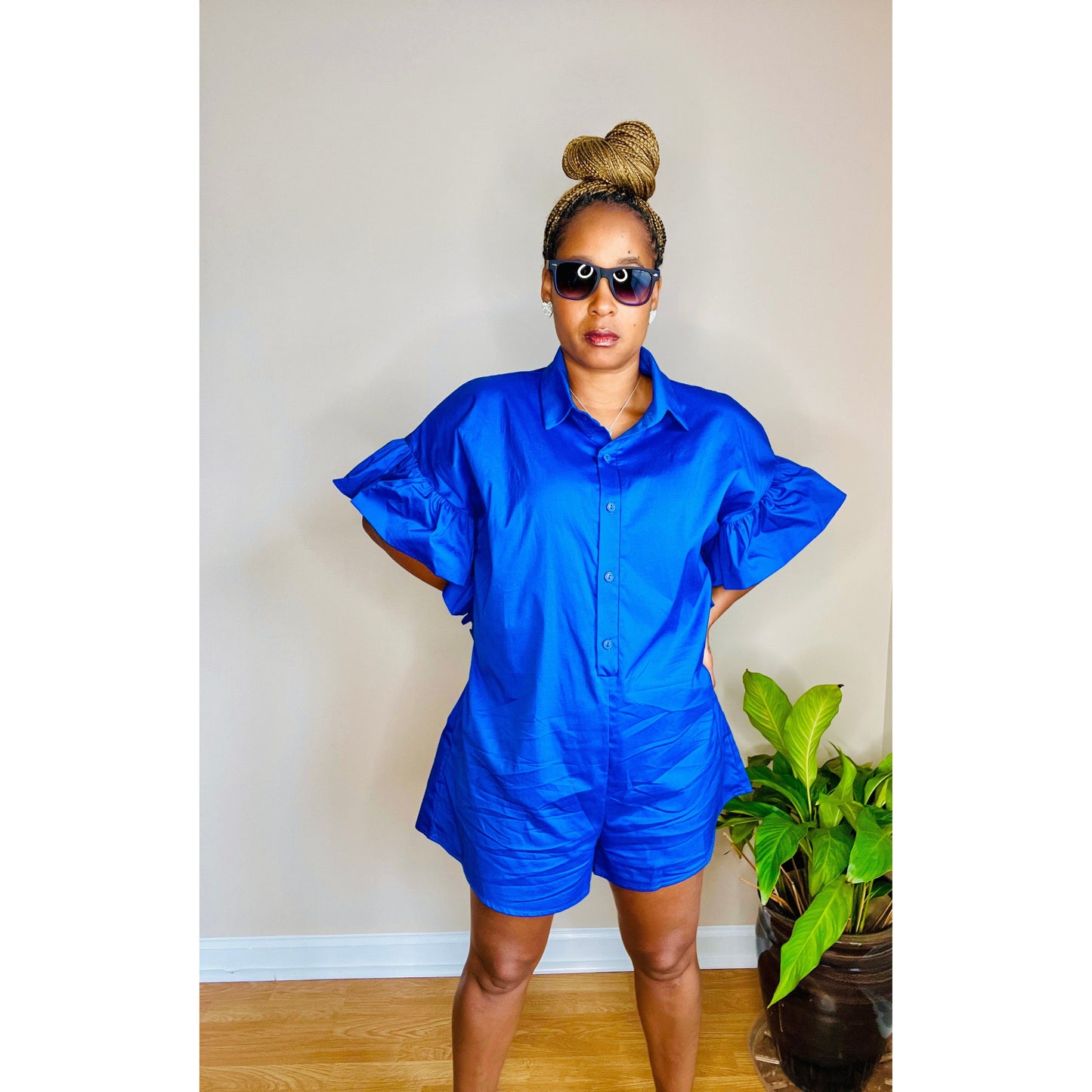 Frilly Sleeve button down collard romper