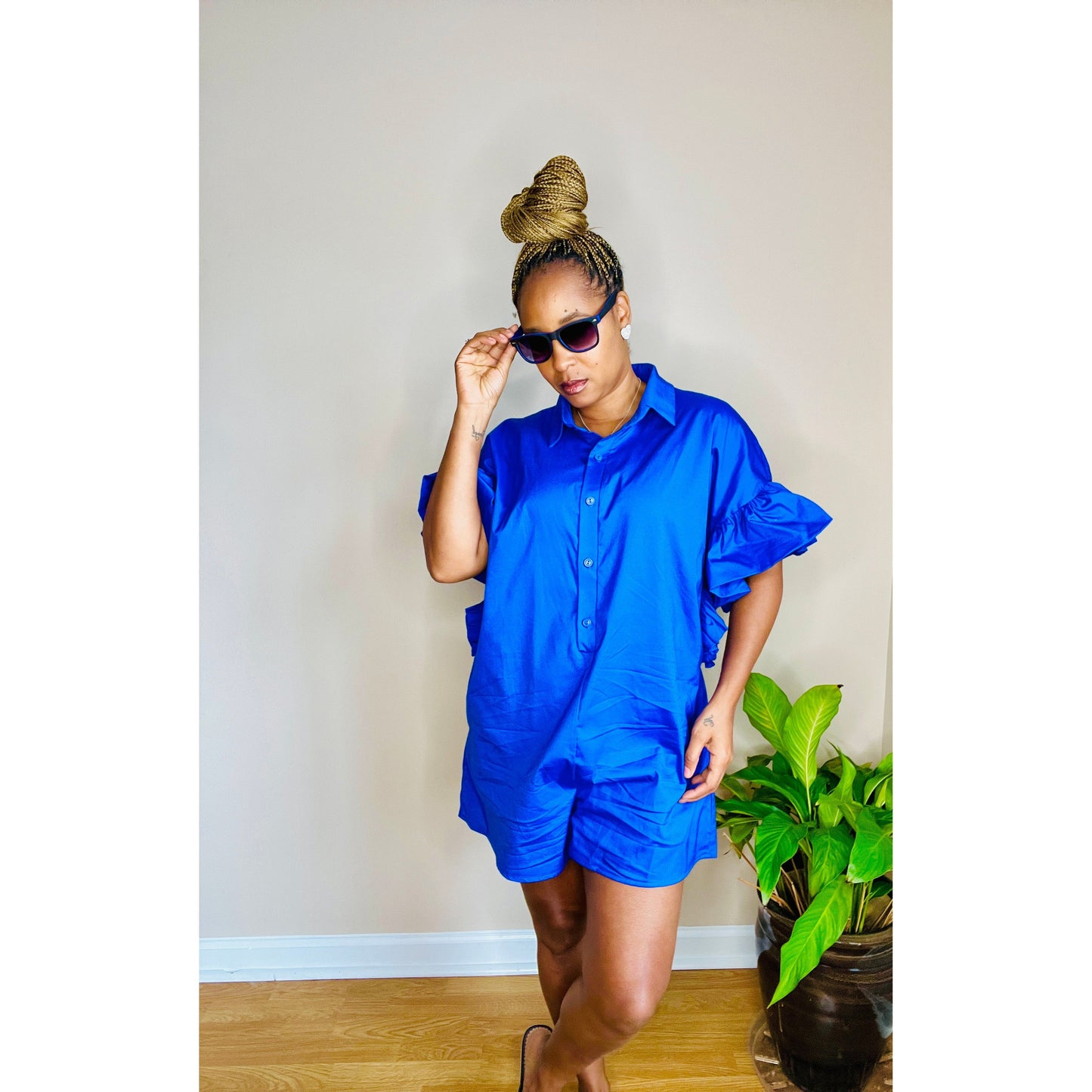 Frilly Sleeve button down collard romper