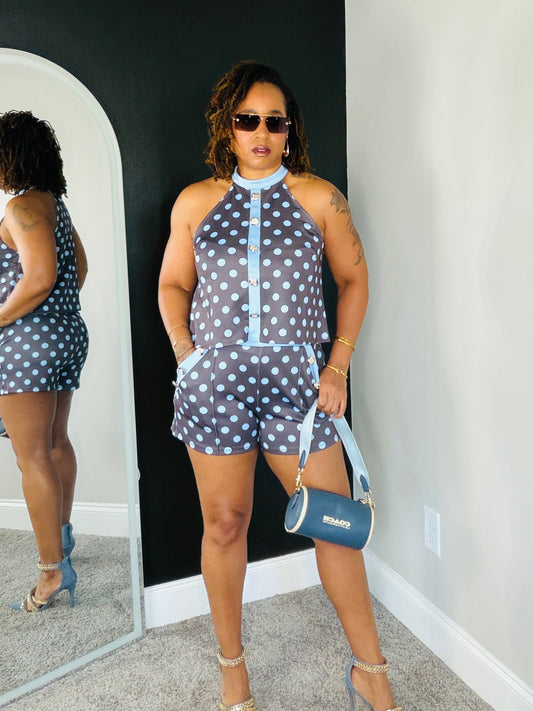 Women's Polka Dot Scuba Halter Crop Top & Shorts Set — Button Decor & Back Keyhole