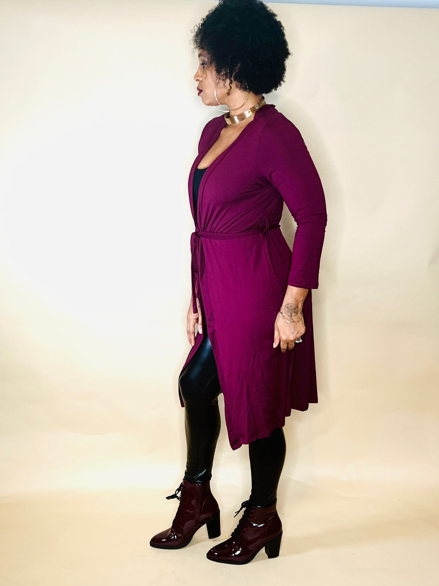 Burgundy long cardigan with belt