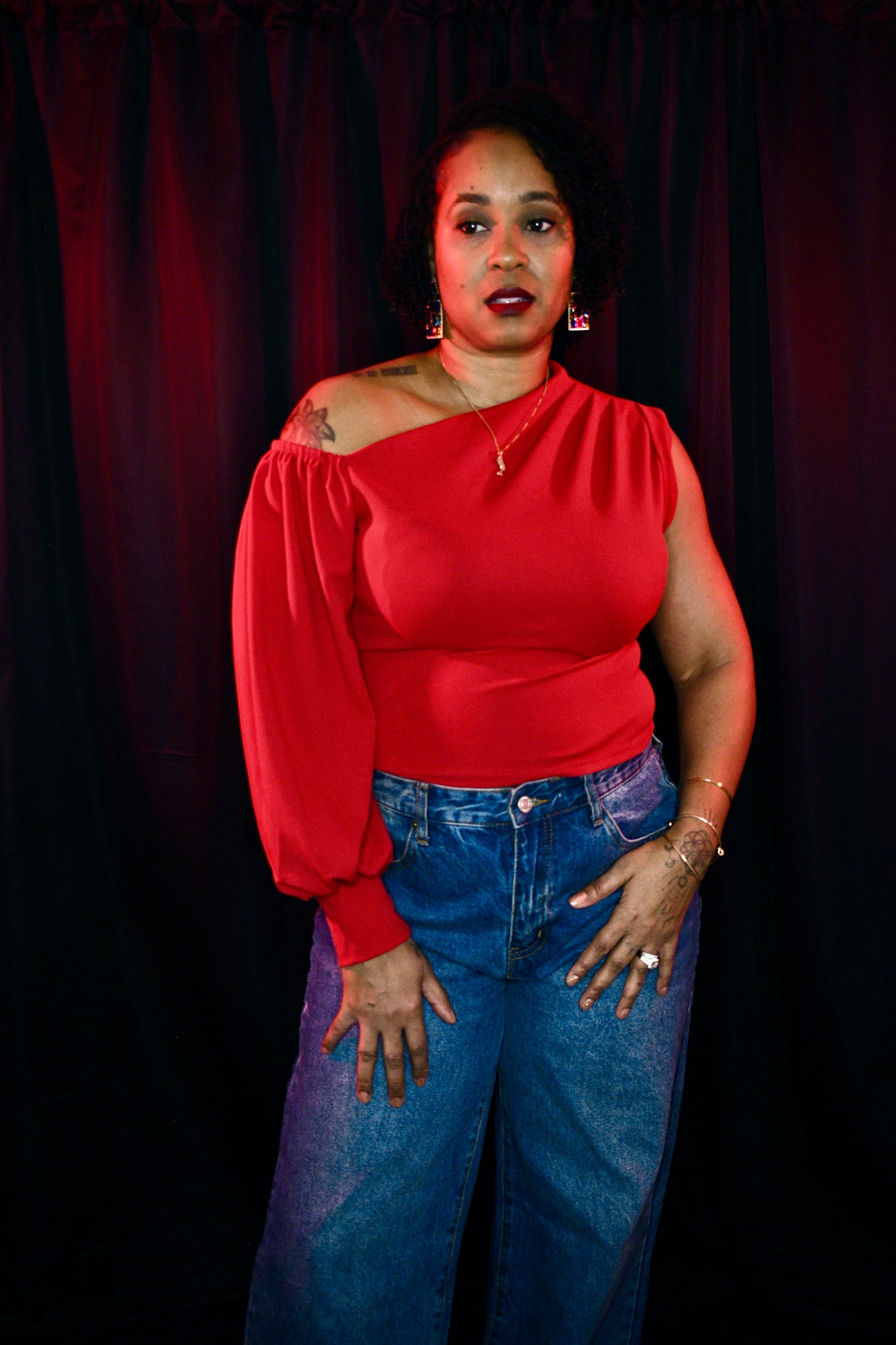 Red open shoulder one sleeve top