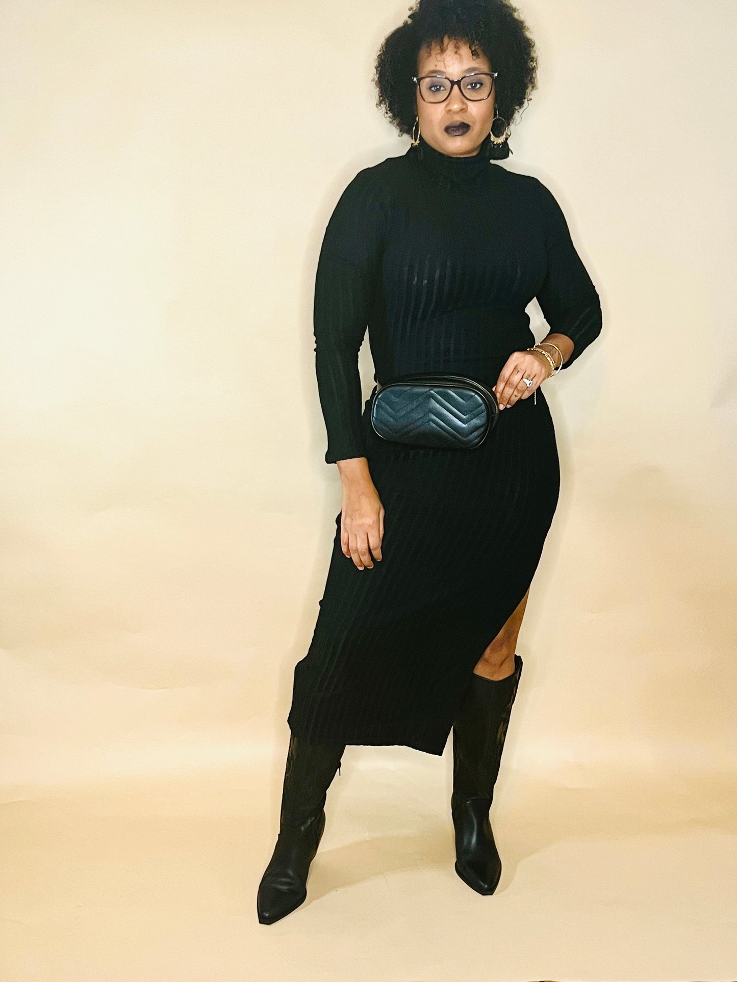 Black turtle neck dress with split
