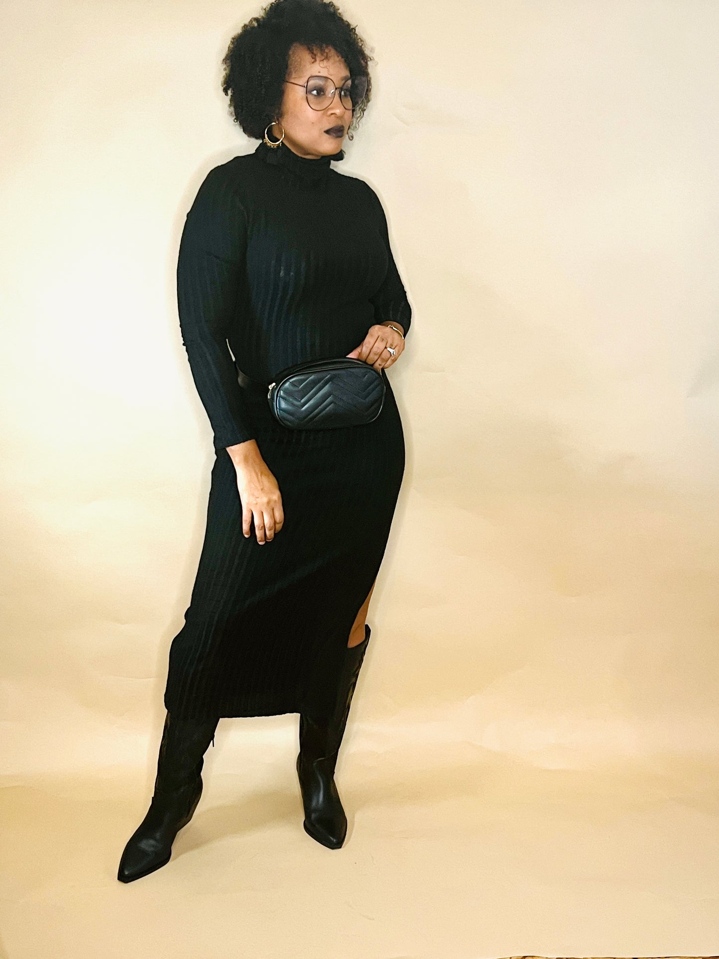 Black turtle neck dress with split