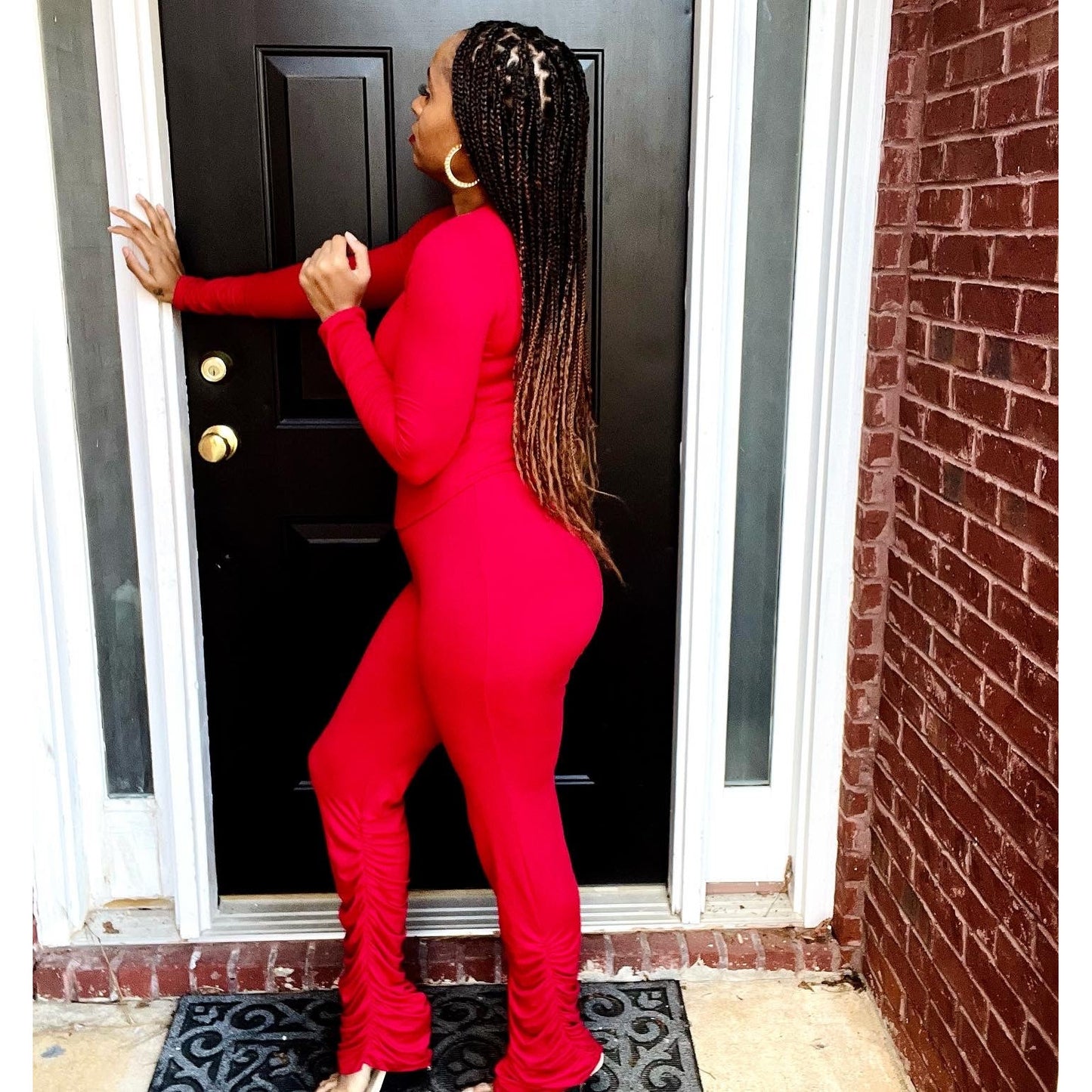 Ruched Long Sleeve Legging Set in Red women over 40