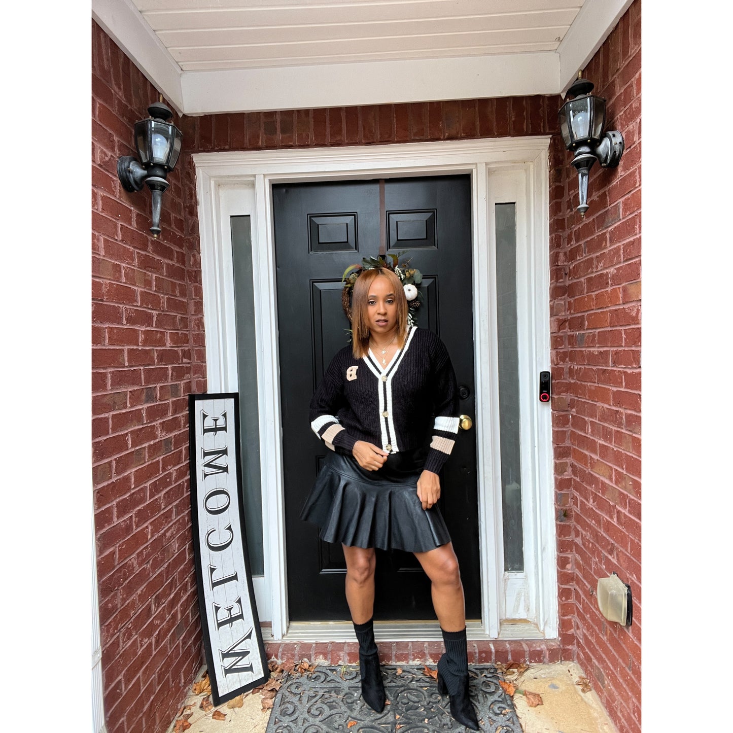 Button Down Cardigan with Letter B in Black Contrast