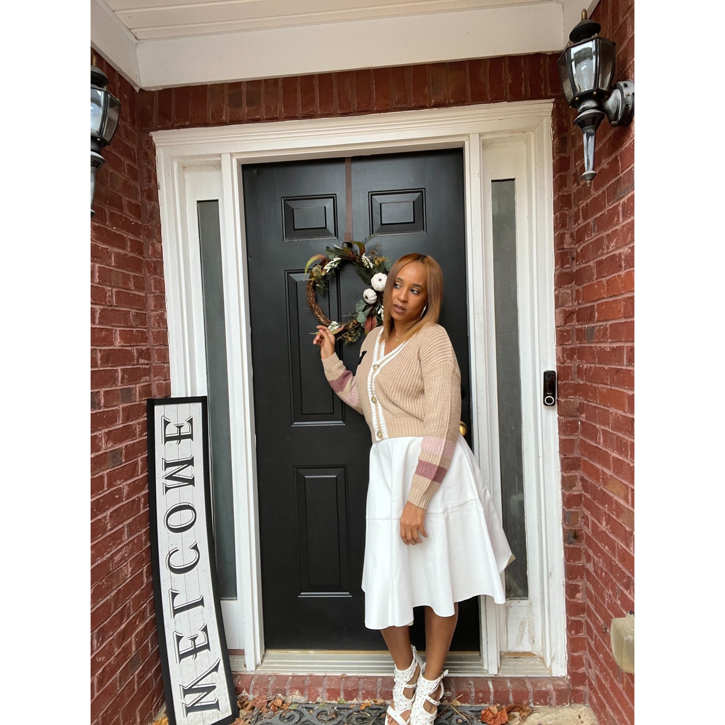 Button Down Cardigan with Letter B in Cream Contrast