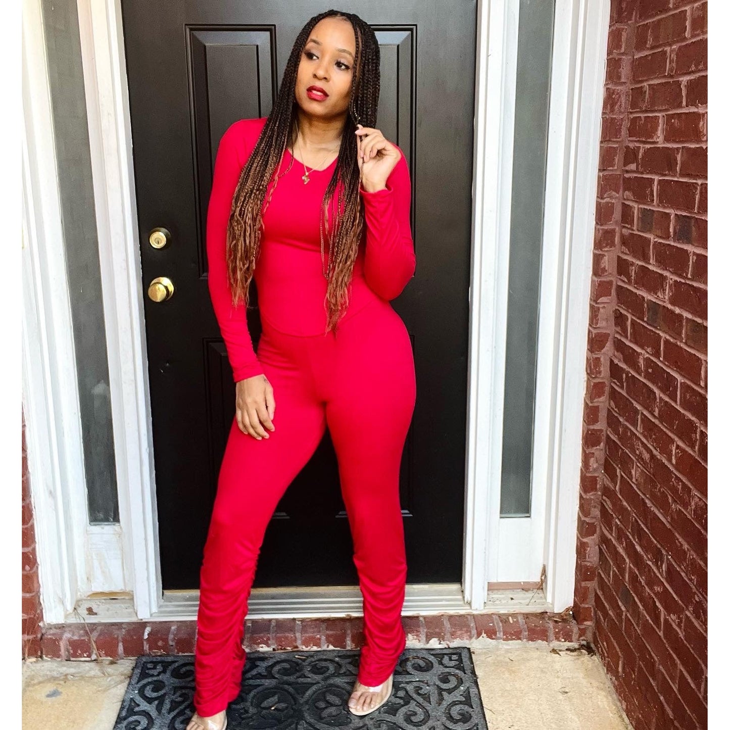 Ruched Long Sleeve Legging Set in Red women over 40