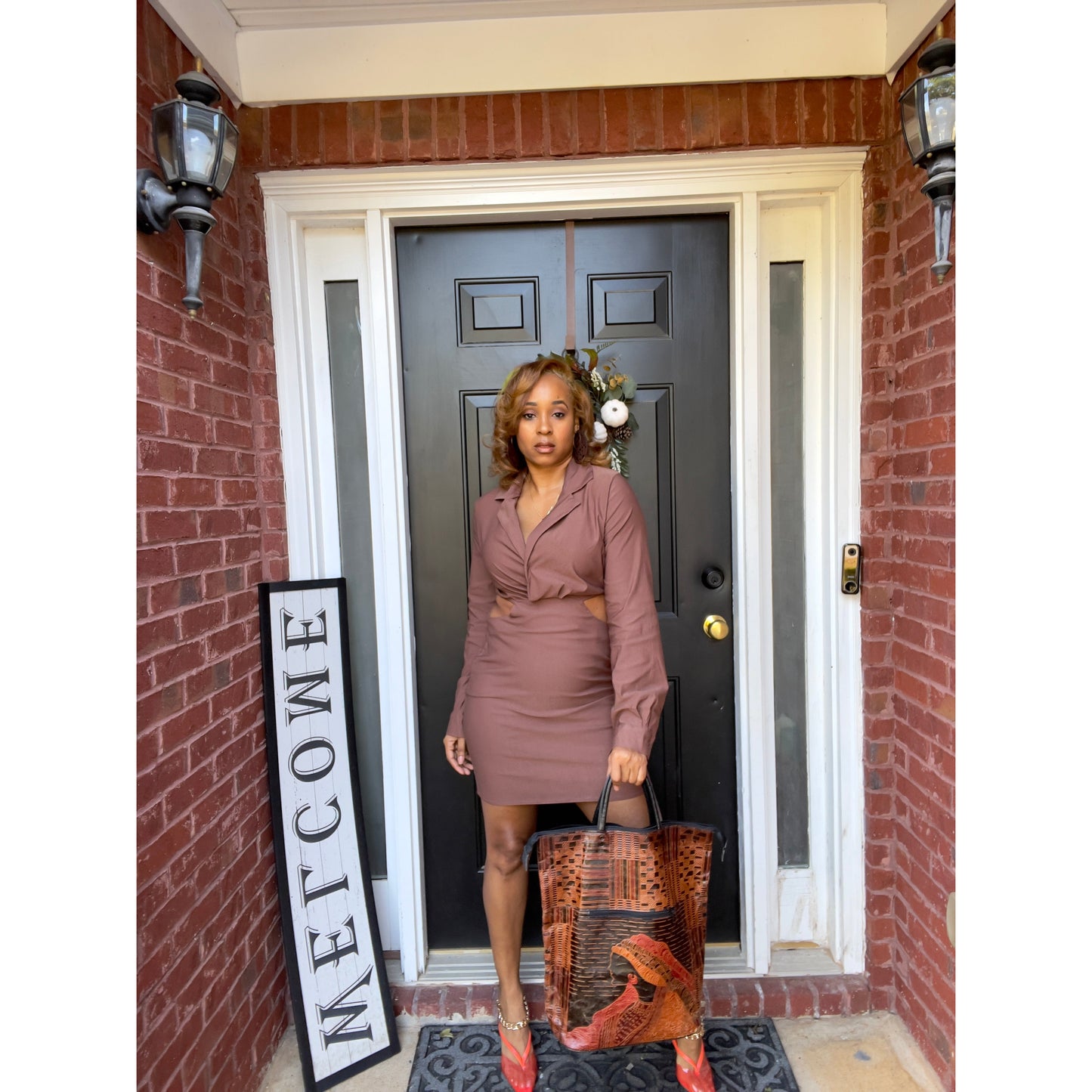 Collared cut out mini dress in brown sexy apparel for women over 40