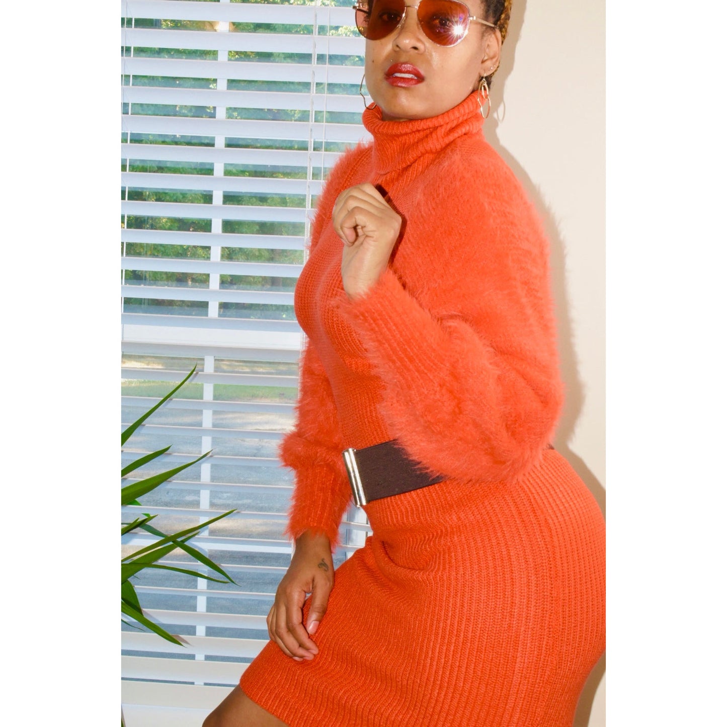 Faux Fur Sleeve Sweater Dress in Orange