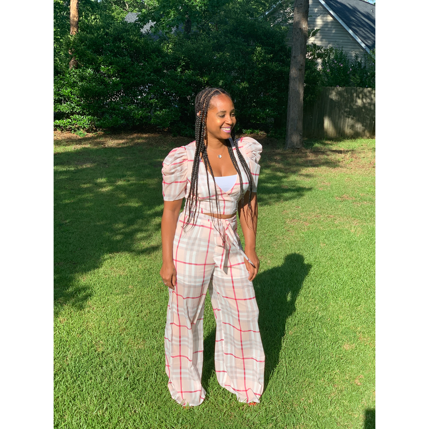 Gingham Puff Sleeve Two Piece Pants Set in Blush and Red
