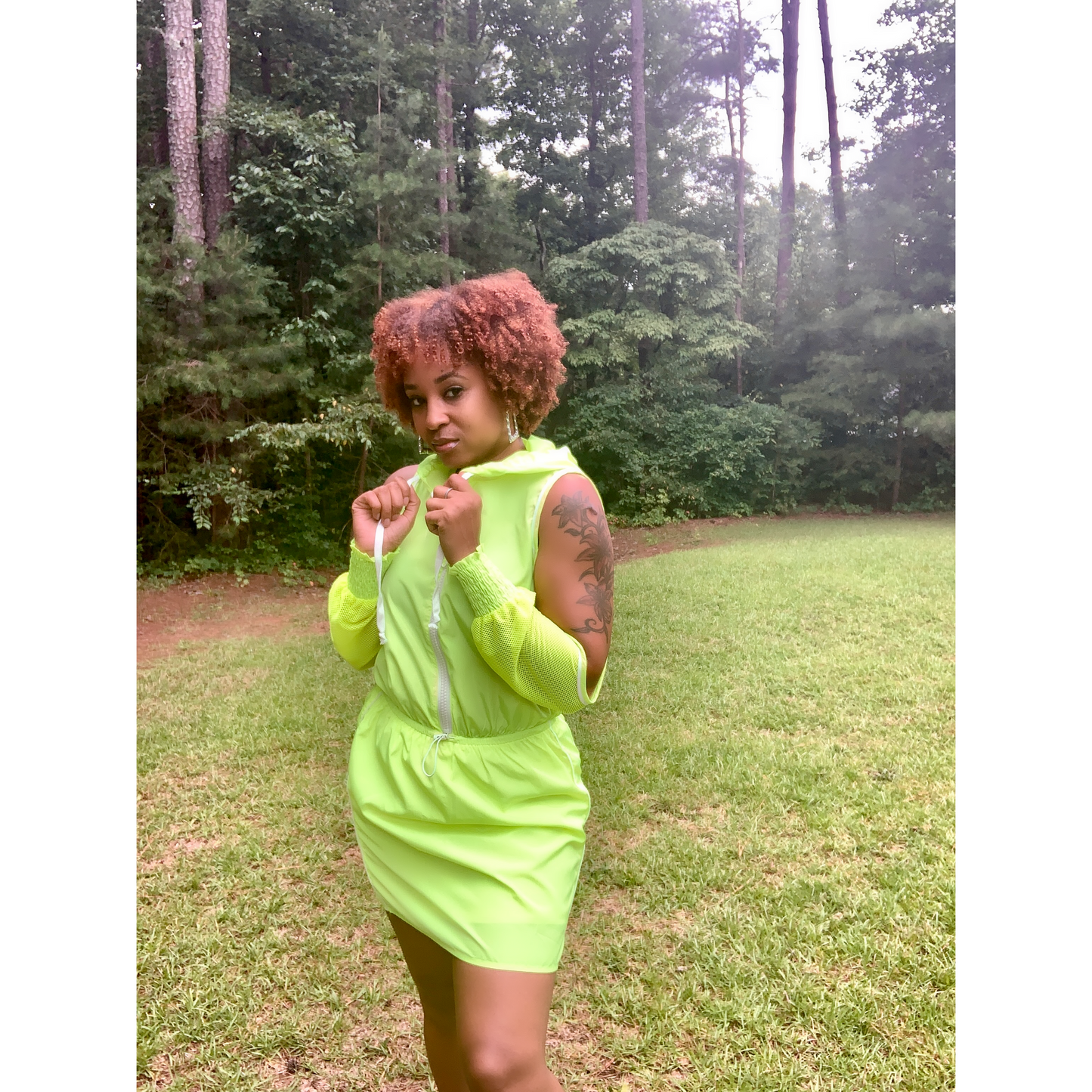 Neon Green cut out sleeve hoodie dress