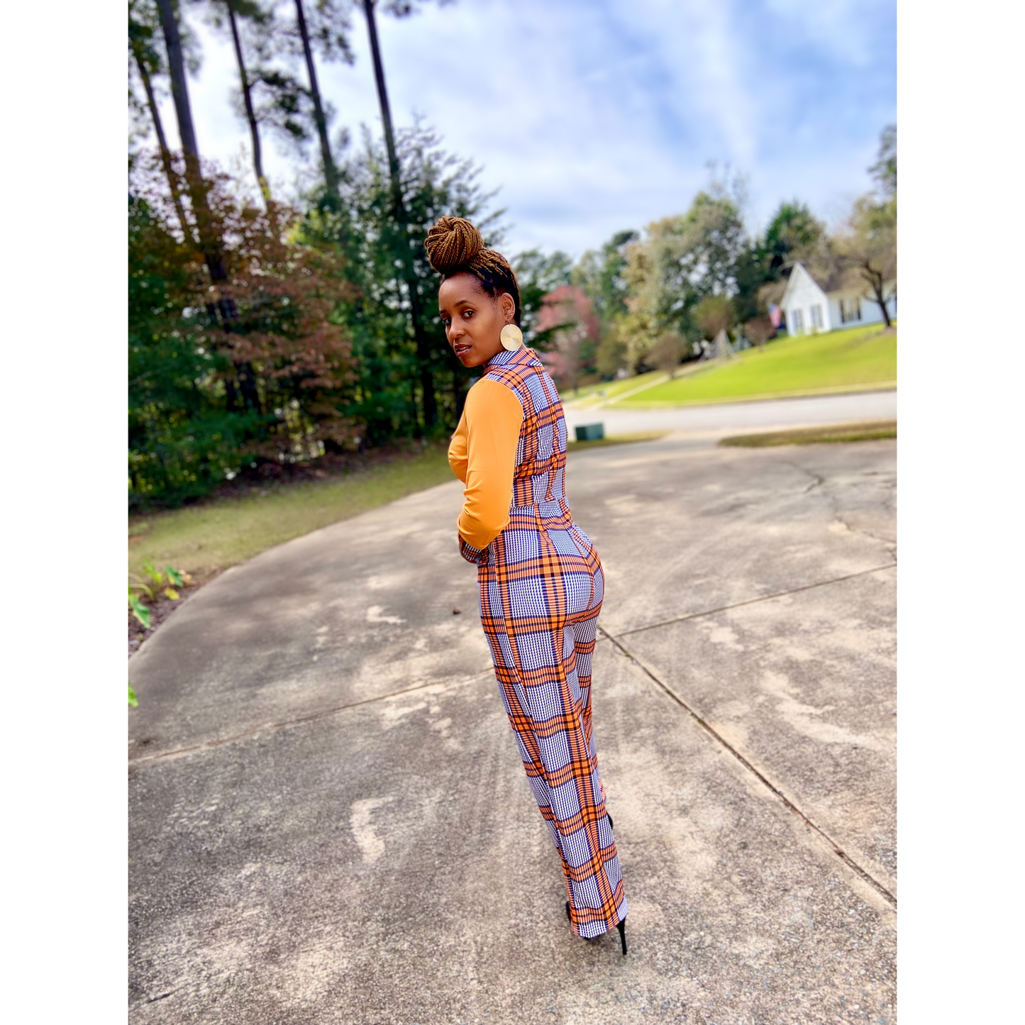 Plaid long sleeve pants jumpsuit in orange