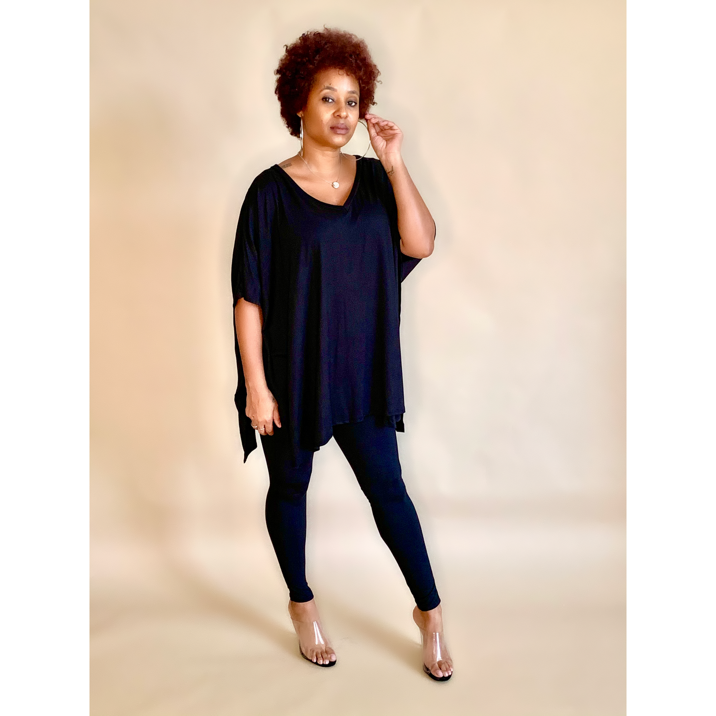 Black short sleeve flared top legging set