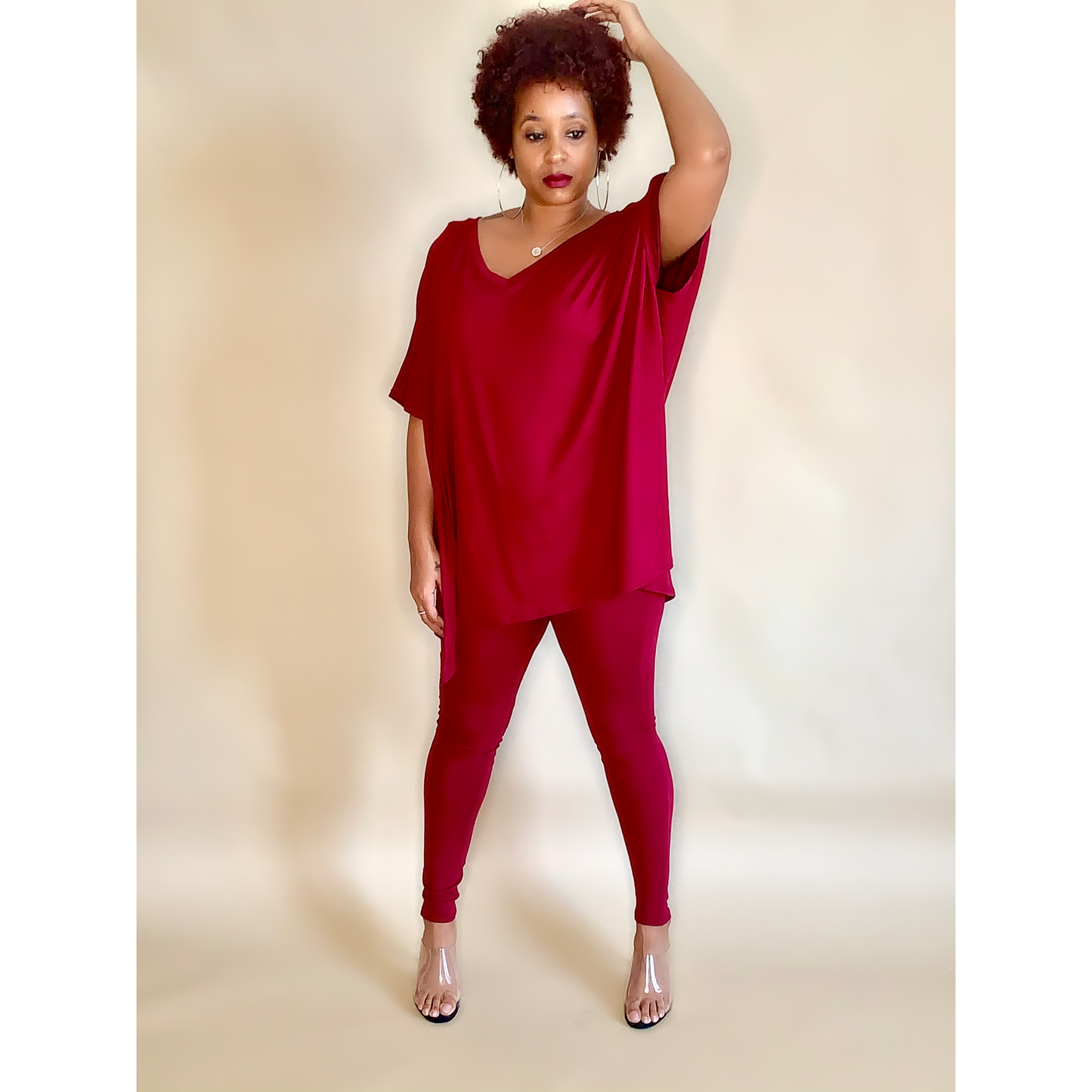 Burgandy short sleeve flared top legging set