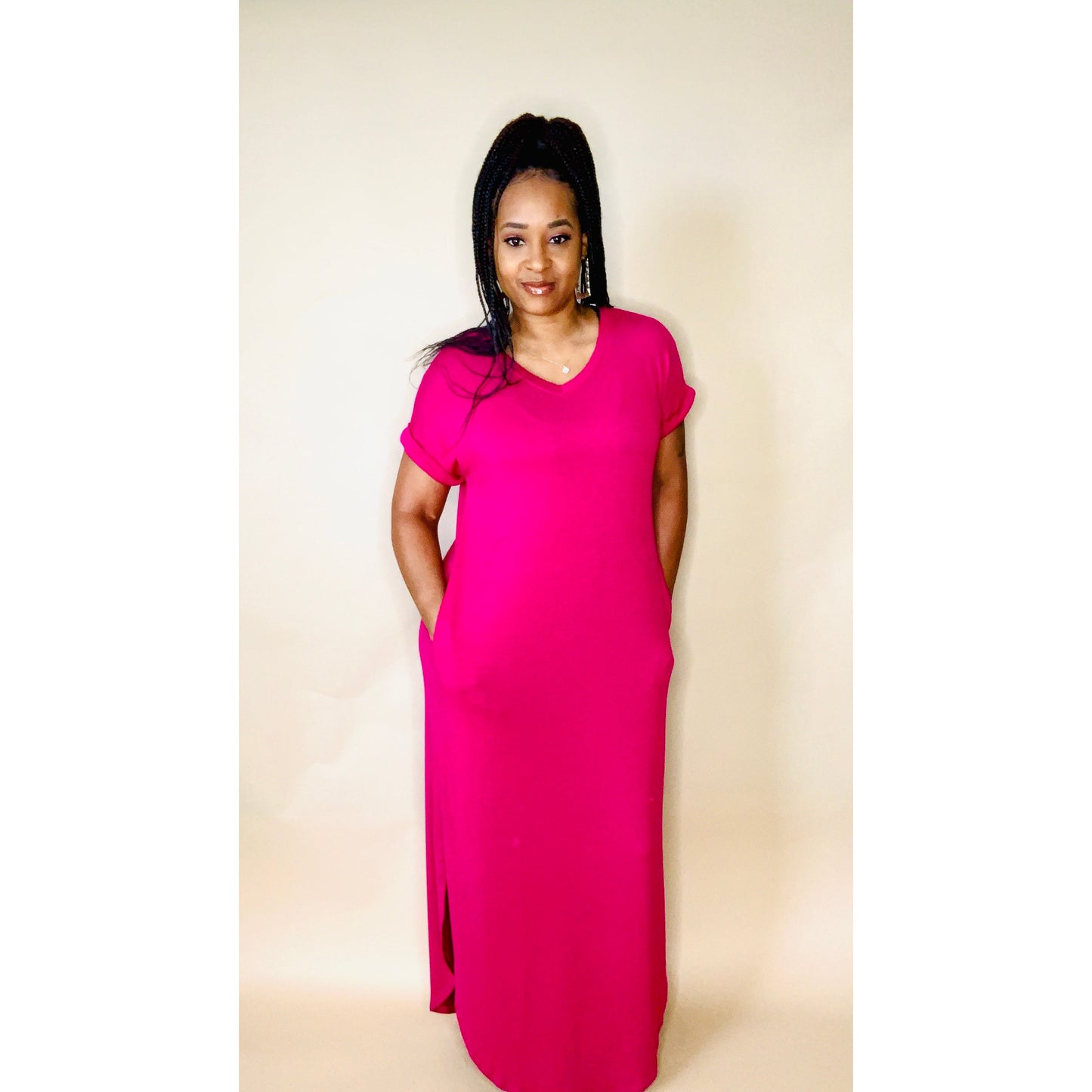 V Neck side slit short sleeve maxi dress in magenta