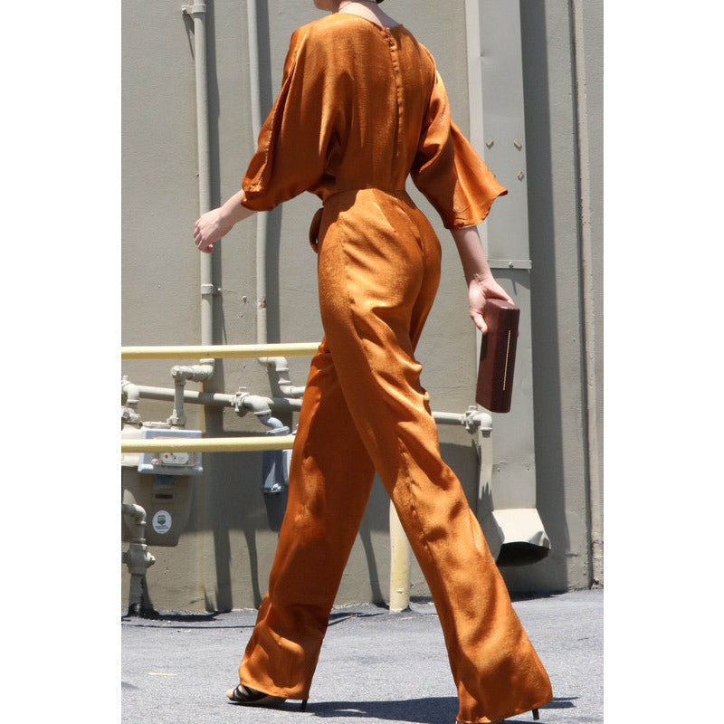 tie front silky short sleeve jumpsuit in carmel