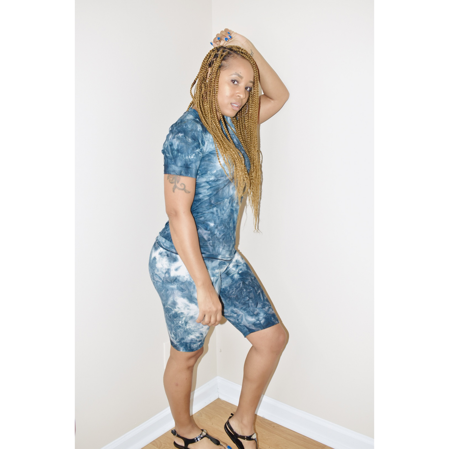 tie dye short sleeve biker set in blue