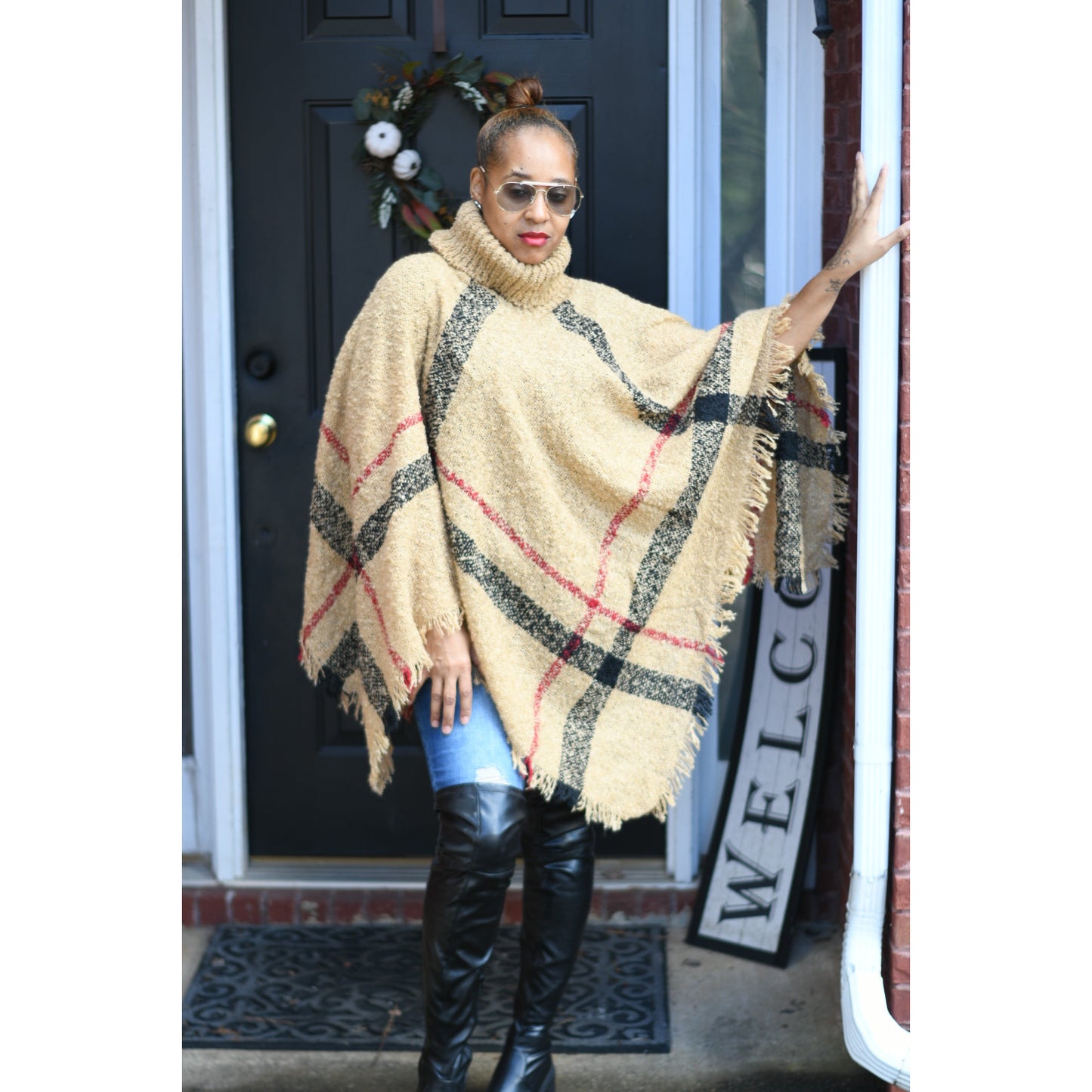 Turtle Neck Fringe Poncho in Cream Multi