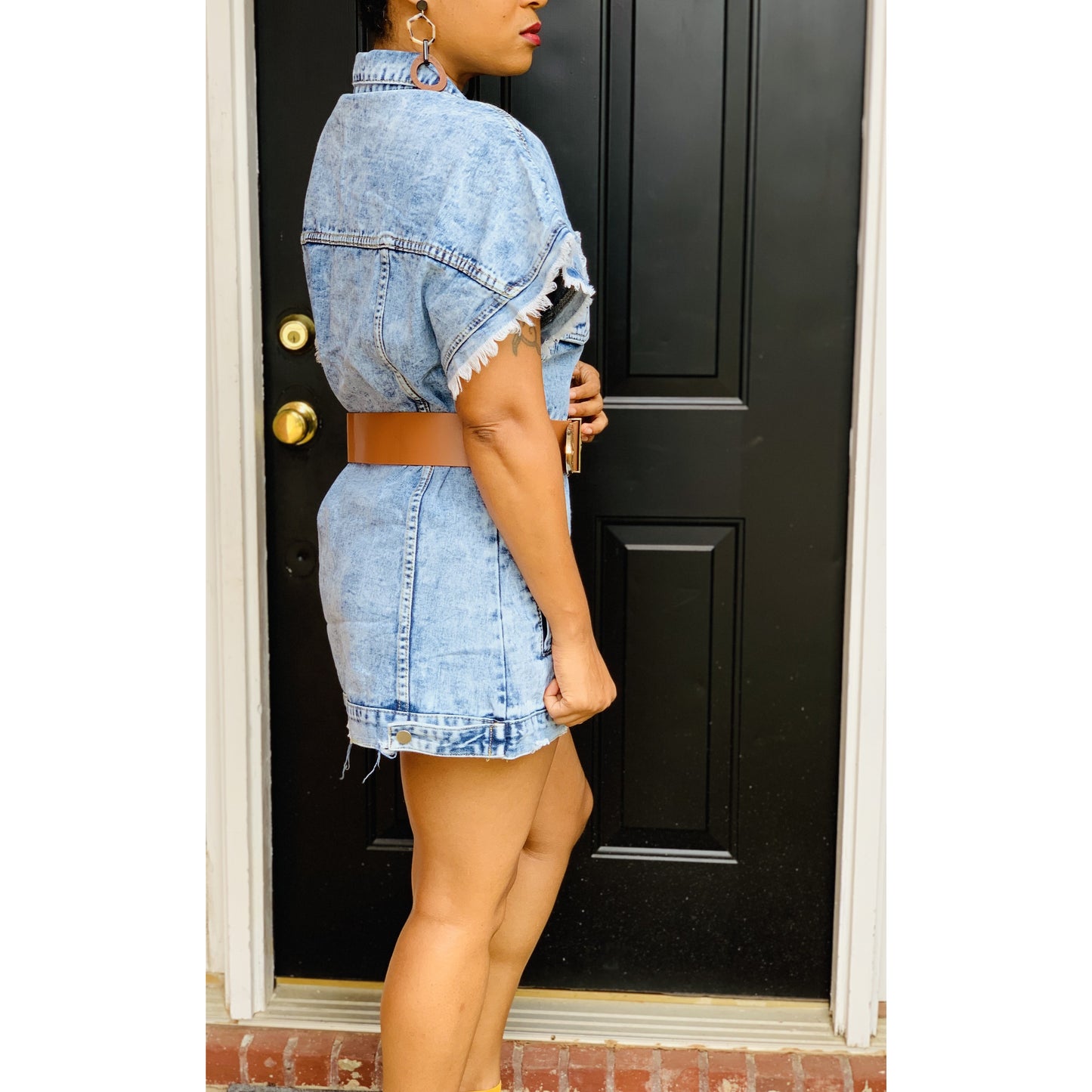 Short Sleeve Belted Ripped Denim Mini Dress
