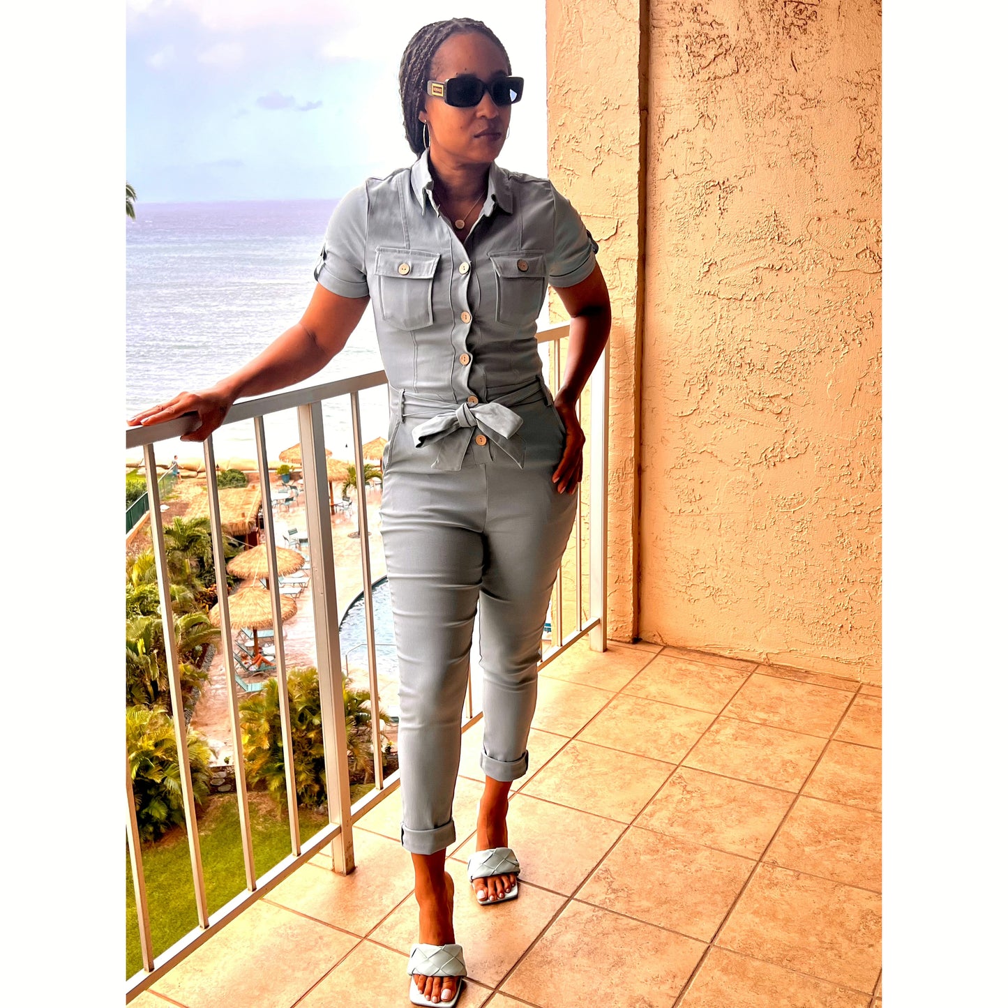 Skinny Leg Button Down Jumpsuit in Blue