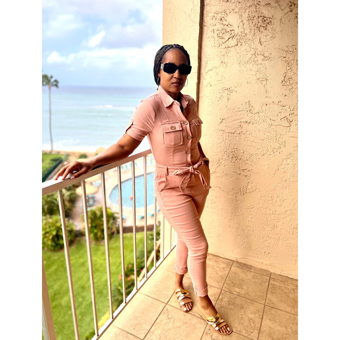 Skinny Leg Button Down Jumpsuit in Pink