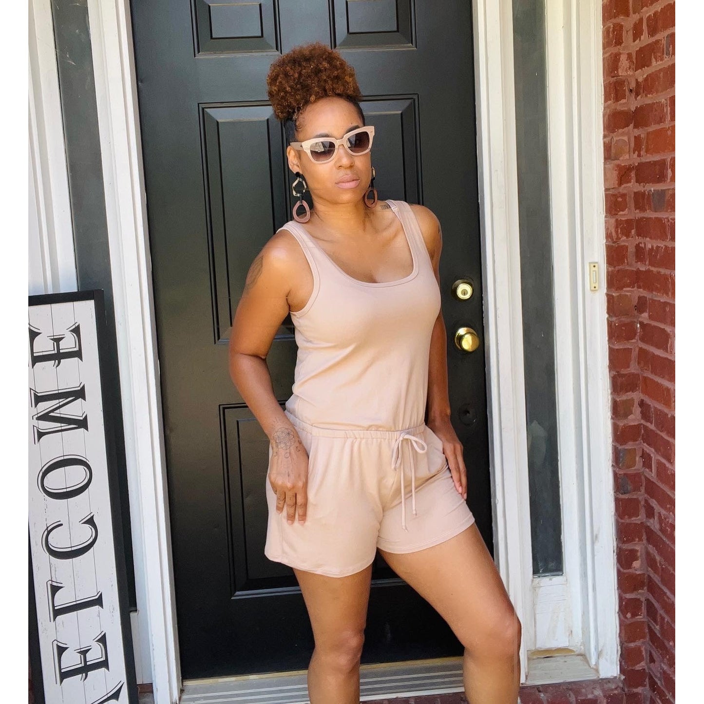 Tank shorts romper in french taupe, chic summer vibes women over 40