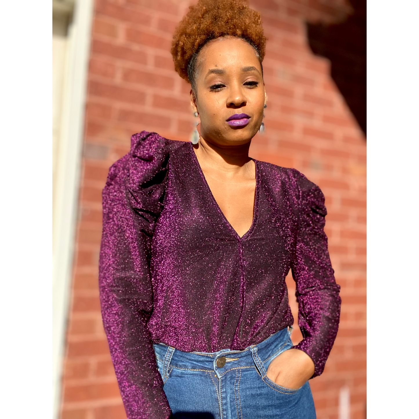 Surplice Long Puff Sleeve Lurex Bodysuit in purple