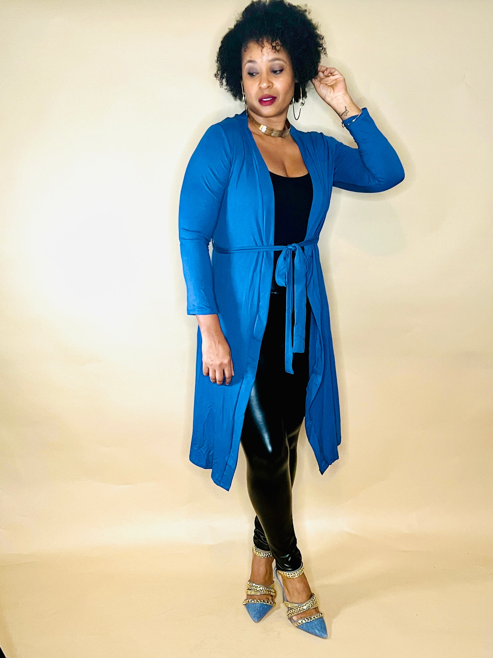 Blue long cardigan with belt