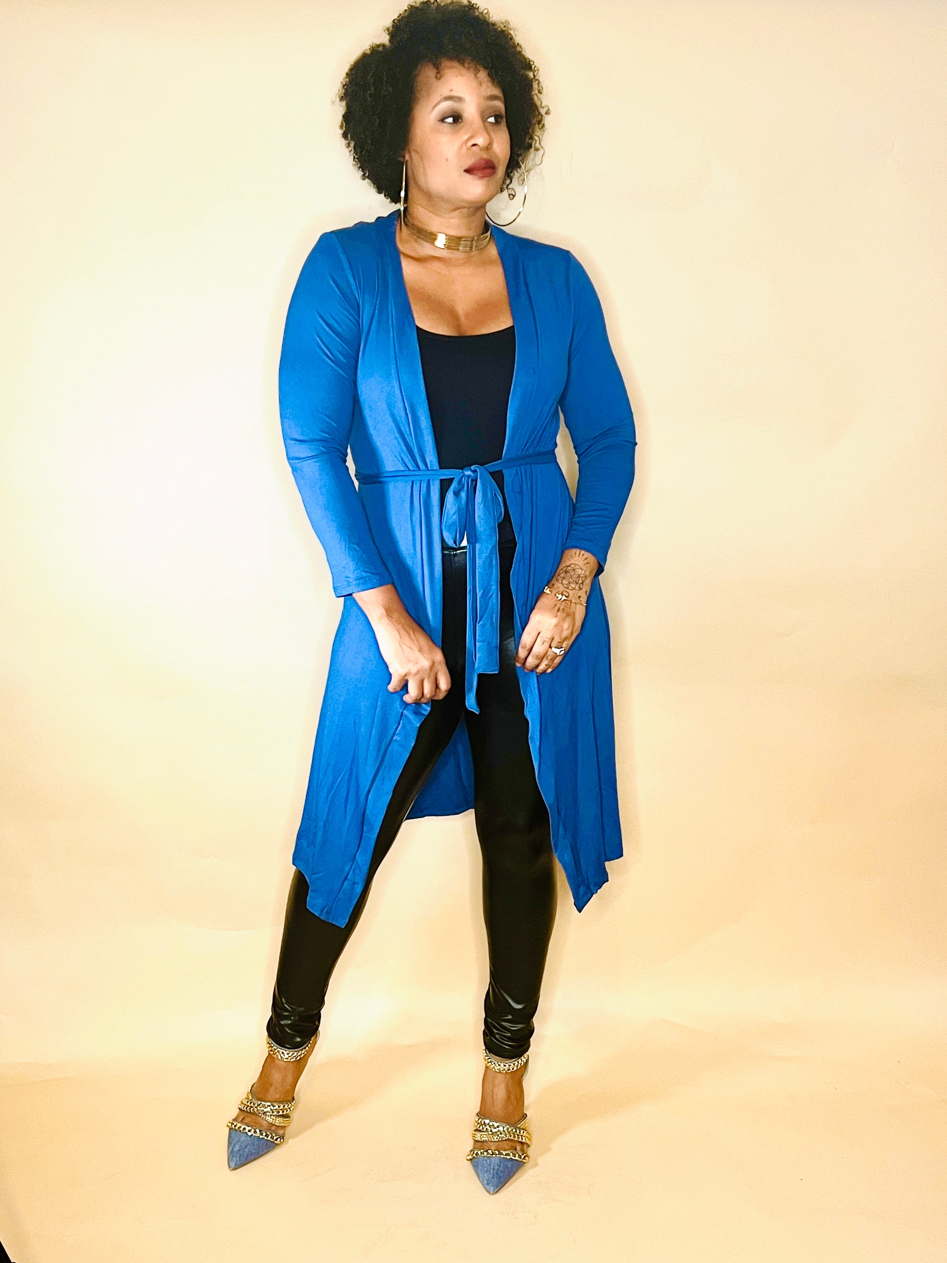 Blue long cardigan with belt