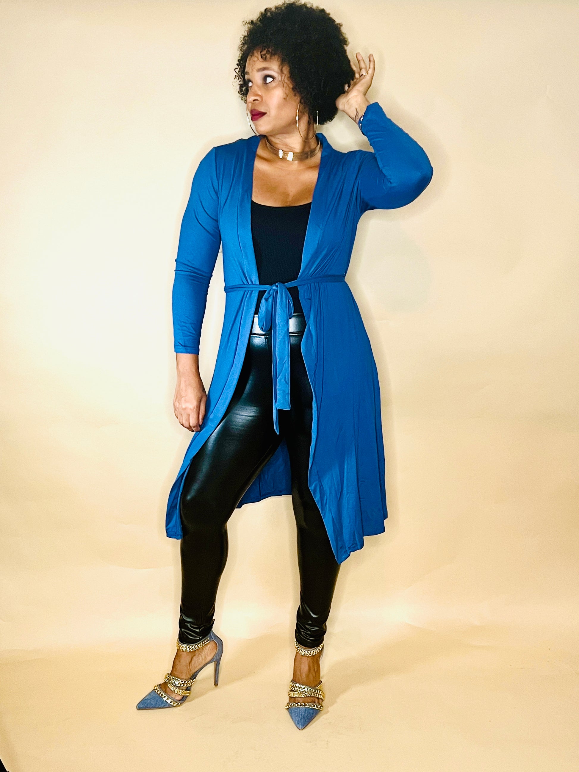 Blue long cardigan with belt