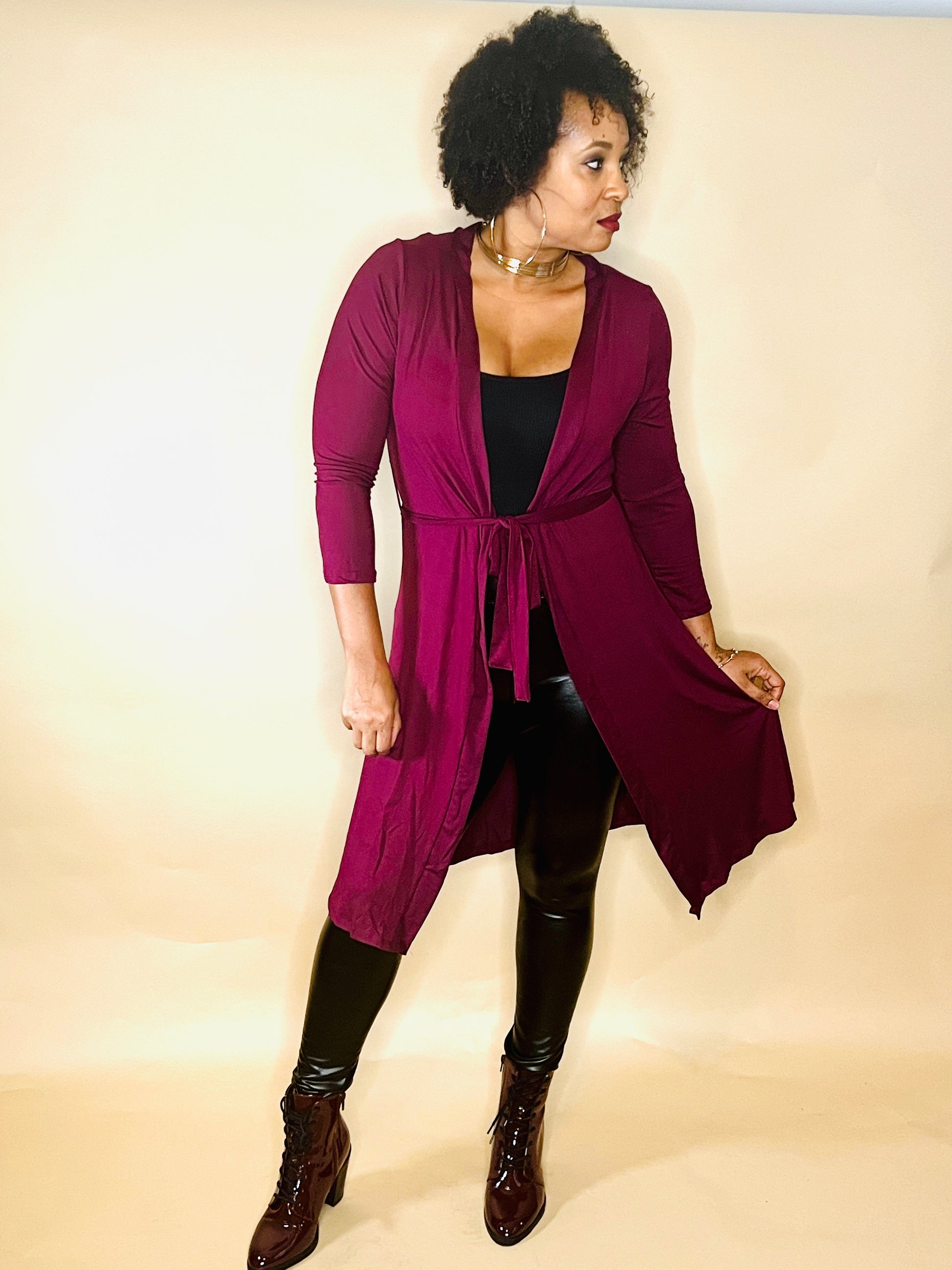 Burgundy long cardigan with belt