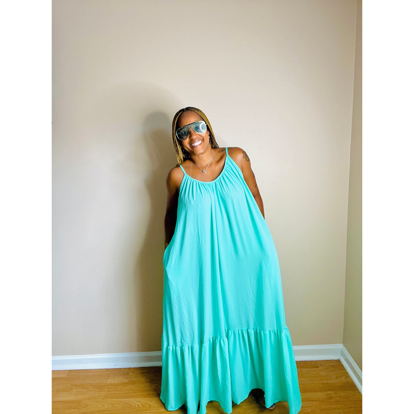 Chiffon Maxi Dress in Aqua in plus sizes, women’s fashion over 40