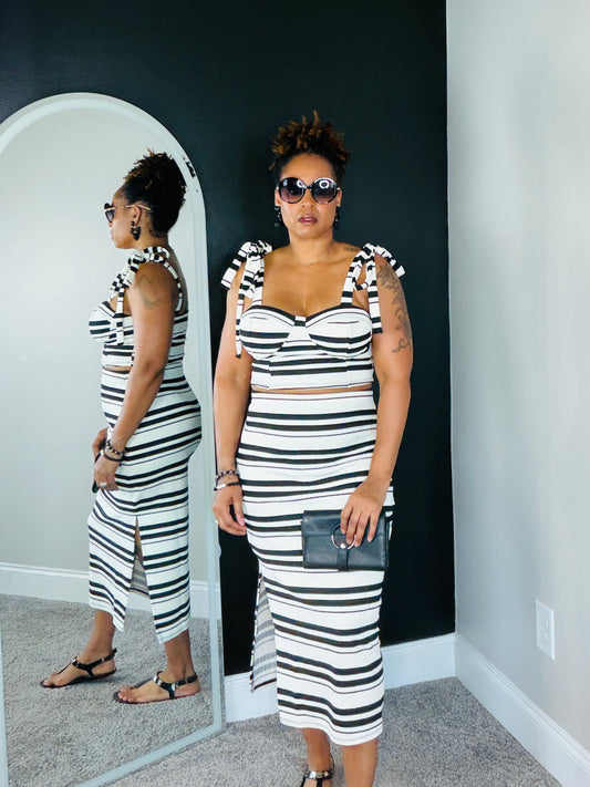 Women's Stripe Jacquard Corset Crop Top & Maxi Skirt Set — Bow Tie Straps & Side Slit