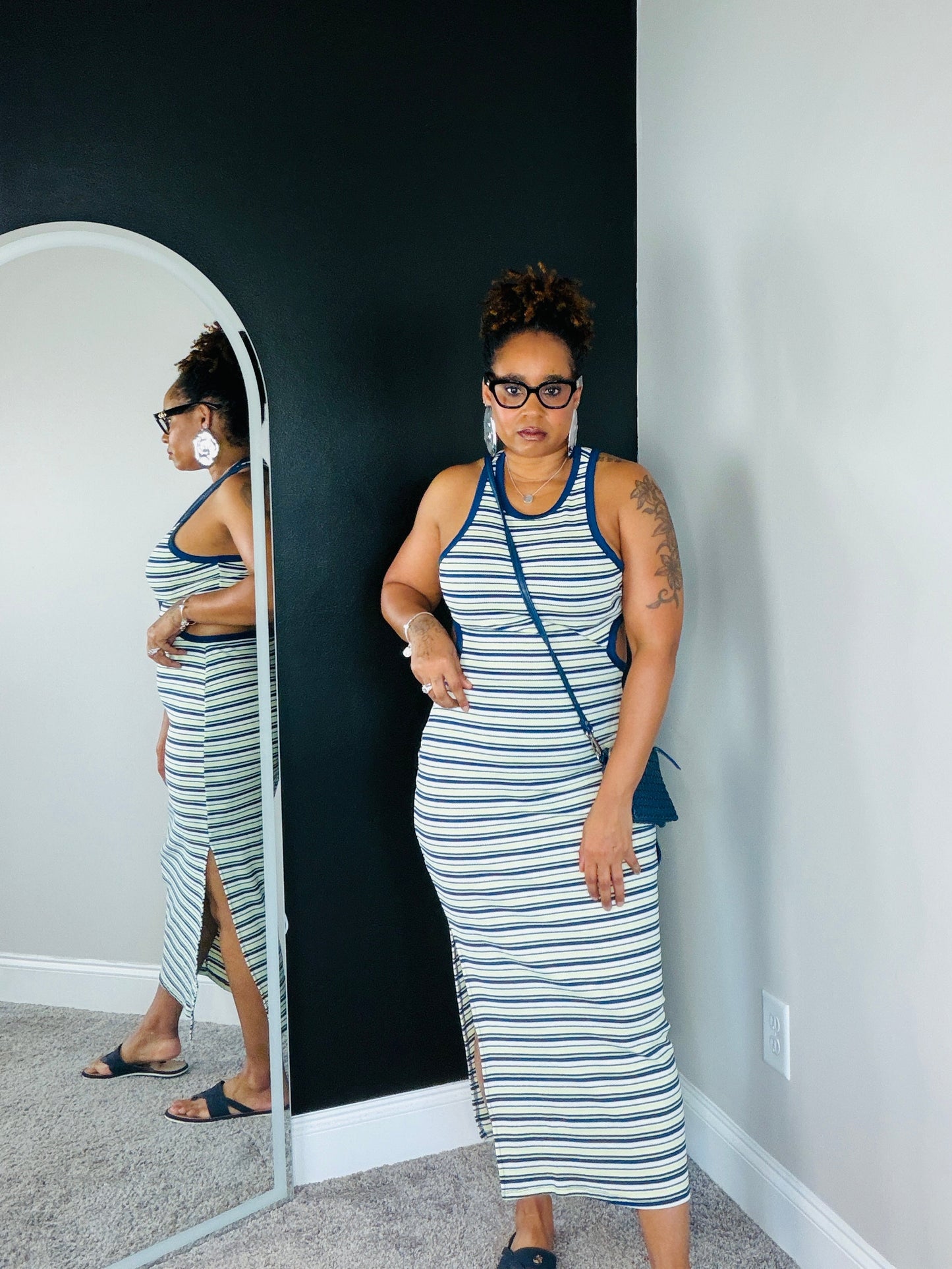 Women's Stripe Knit Open Back Maxi Dress — Cut Out & Side Slit Detail