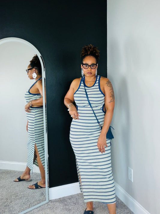 Women's Stripe Knit Open Back Maxi Dress — Cut Out & Side Slit Detail
