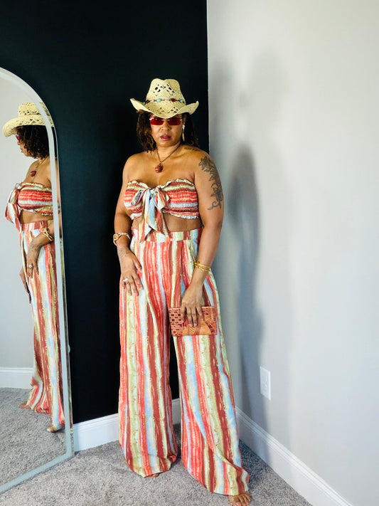 Women's Bali Print Smocked Tube Top & Pleated Flare Pants Set