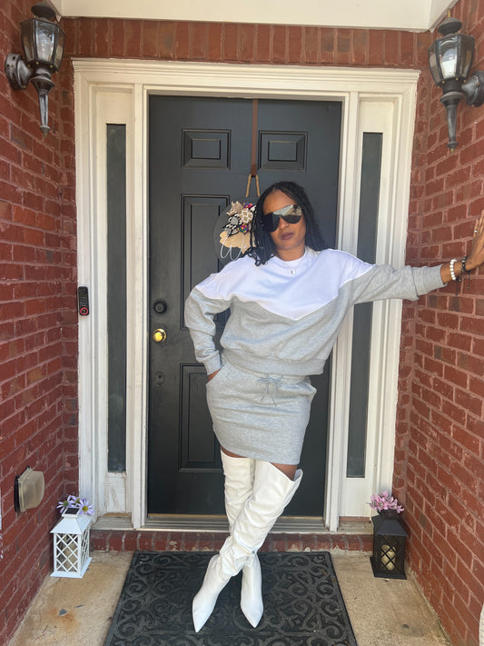 Color Block Fleece Sweatshirt in Grey and White, Fall Apparel Women over 40