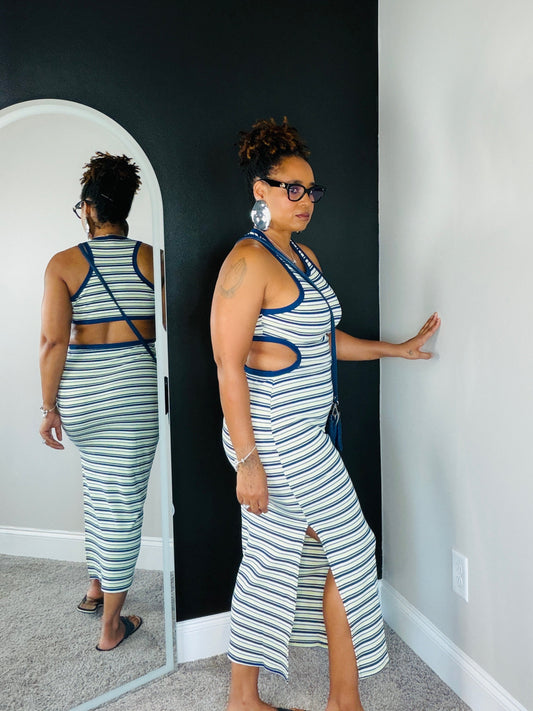 Women's Stripe Knit Open Back Maxi Dress — Cut Out & Side Slit Detail
