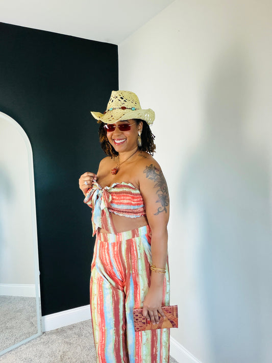 Women's Bali Print Smocked Tube Top & Pleated Flare Pants Set