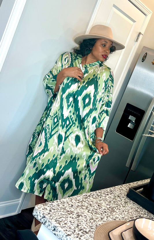 Green Printed Long Shirt Dress