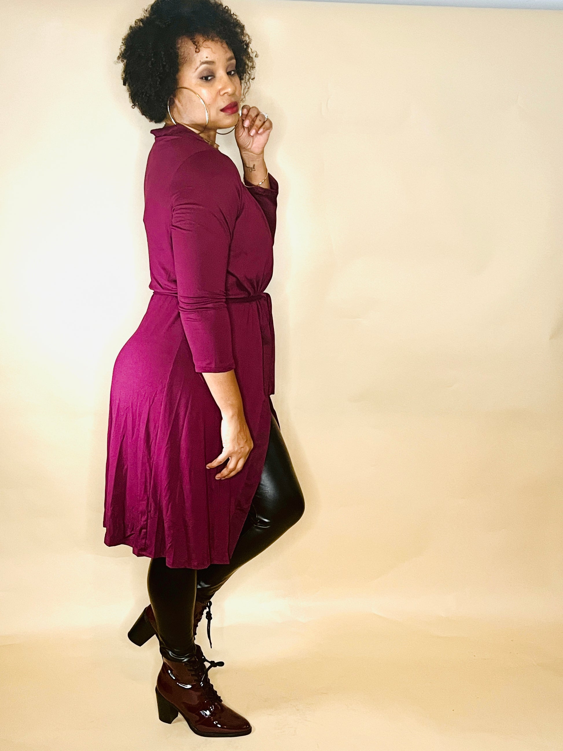 Burgundy long cardigan with belt