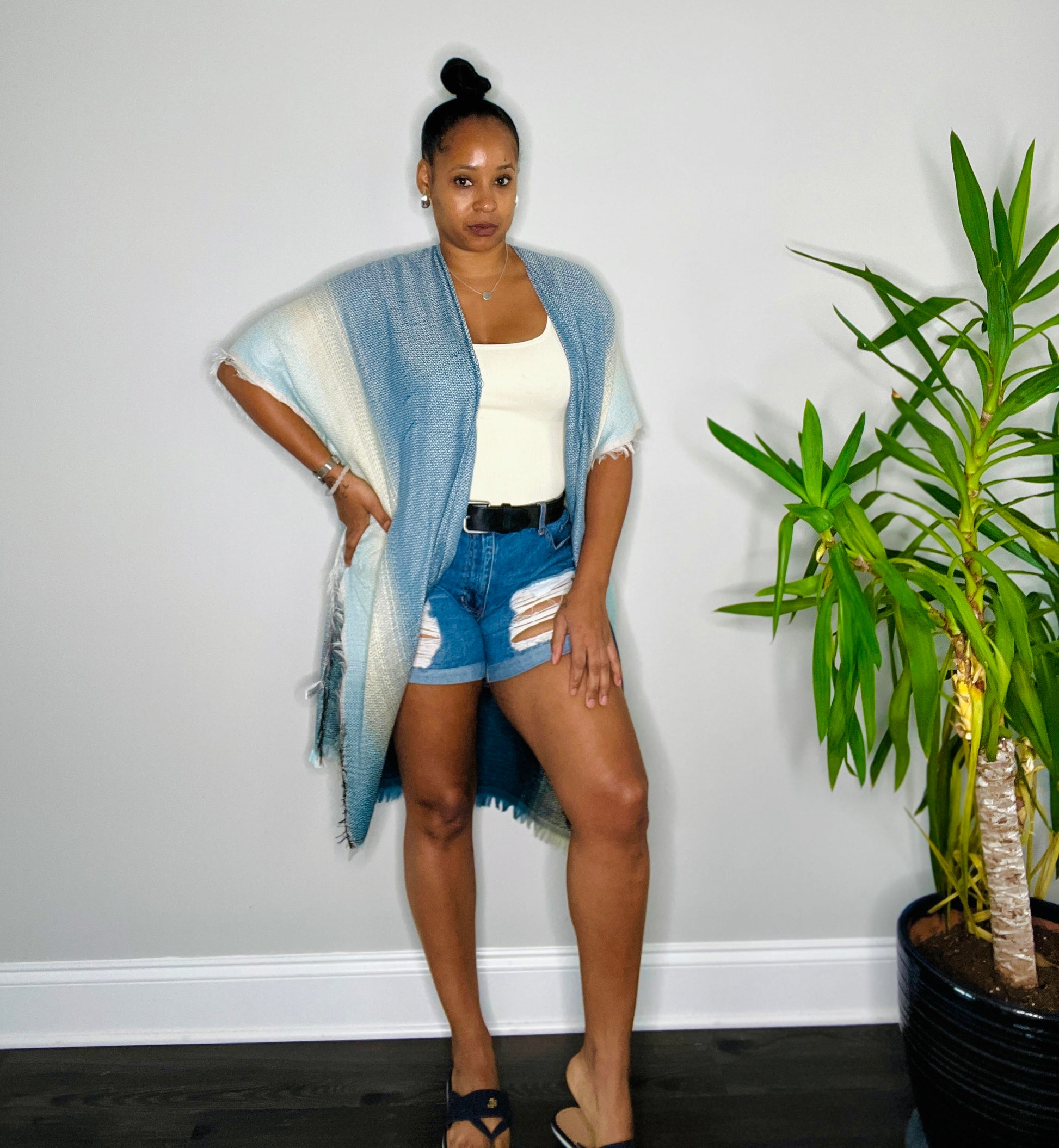 Ombre Fringe Kimono Blue