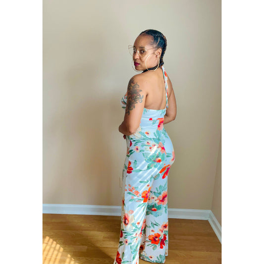 Tropical Print Halter Jumpsuit