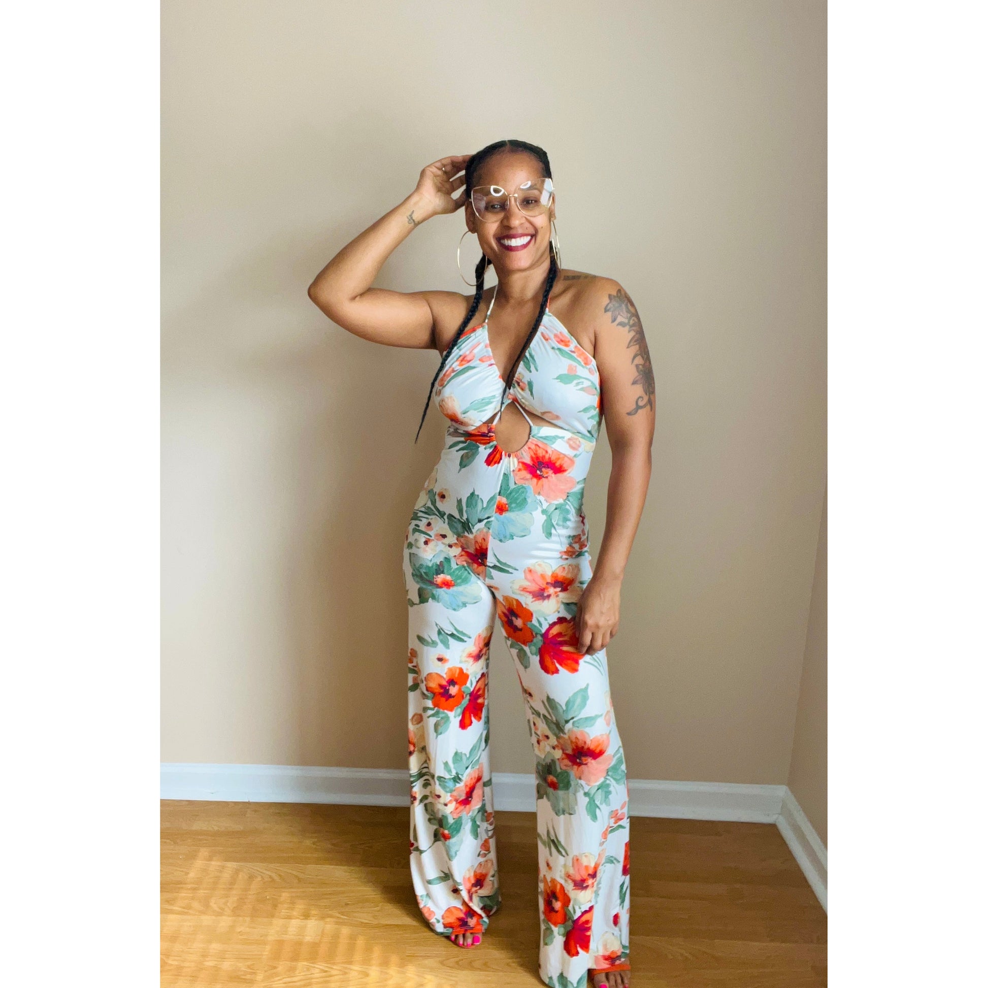 Tropical Print Halter Jumpsuit