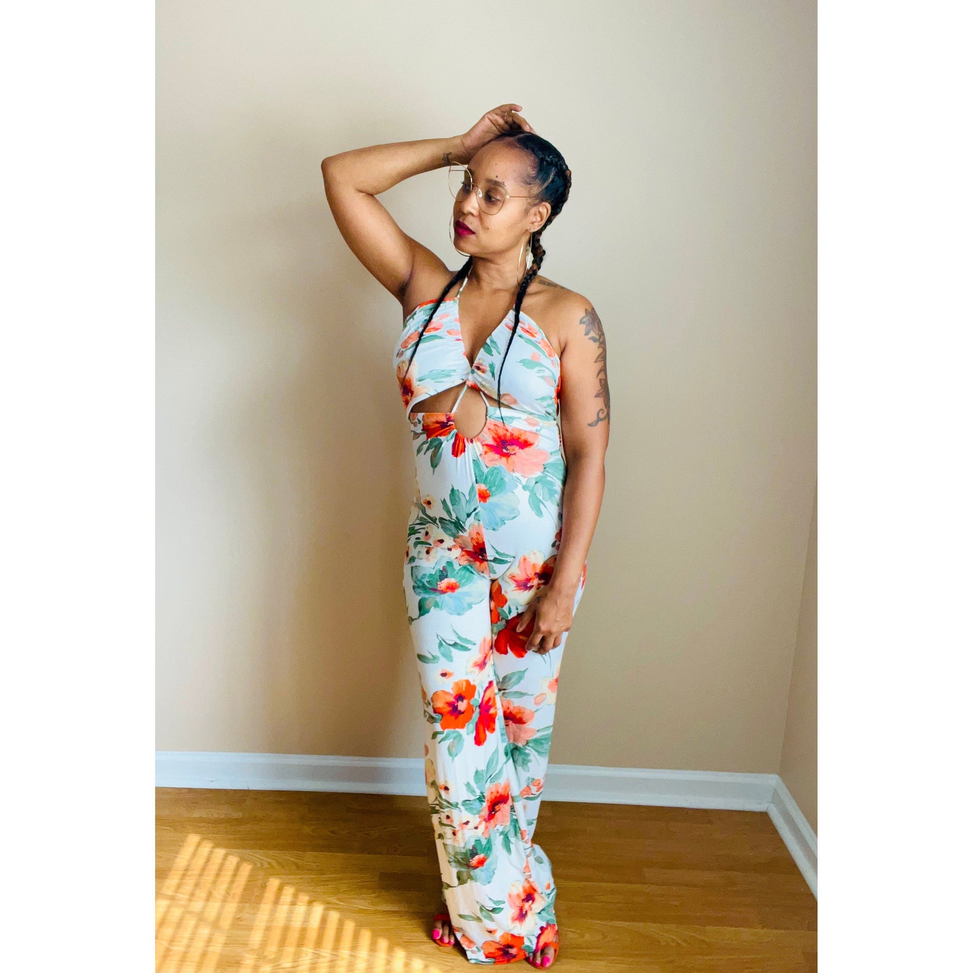 Tropical Print Halter Jumpsuit